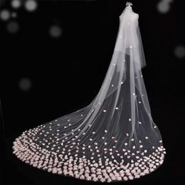 Wedding Hair Jewellery V95 Wide Bridal Veil Pink Flower Appliqued Wedding Veil Long Cathedral Style Bridal Illusion 2 Tier with Comb Bridal Accessories