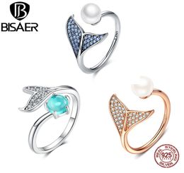 BISAER 100 925 Sterling Silver Ring Female Mermaid Tail Adjustable Finger Rings for Women Wedding Engagement Jewellery S925 GXR286 1185353