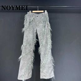 Men's Pants NOYMEI Grey Bell Bottom Casual Pu Leather Pants Fully Matched with Fur Patches Work Large Trousers Mens 2024 Spring New WA4238L2405