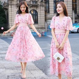 Party Dresses TingYiLi Lace V-neck Floral Print Pink Midi Dress Women Summer Chiffon Korean Elegant Cute Ladies A-line