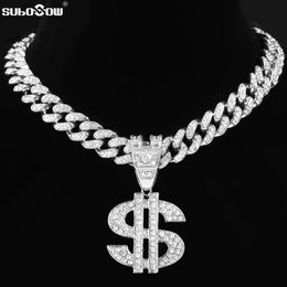 Bling Rhinestone Dollar Pendant Necklace For Men Silver Colour Iced out 13mm Cuban Chain Choker Necklaces Hiphop Rap Rock Jewellery 240429