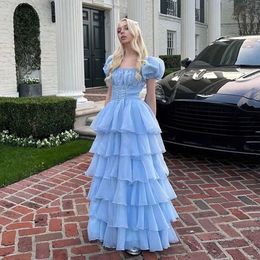 Two Piece Dress Msikoods Sky Blue Tiered Skirt Prom 15 Quinceanera Puff Short Sleeves Lace Formal Party Birthday Q240511