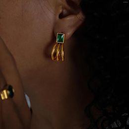 Dangle Earrings Advanced Square Inlaid Glass Stone With Three Claw C-shaped For Fashionable Commuting And Personalized Jewelry