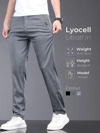 Brand Men Pants Soft Stretch Lyocell Fabric Summer Clothes Casual Pants Thin Elastic Waist Business Slim Trousers Male 240513