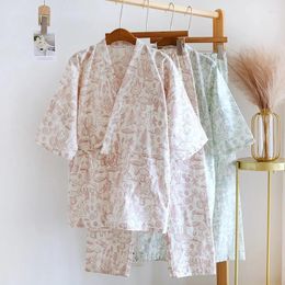 Home Clothing Spring/Summer 2024 Japanese Kimono Ladies Cotton Pyjamas Two-Piece Three-Quarter Sleeve Trousers Loose Service Set Woma