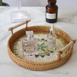 Decorative Figurines Rattan Tray With Mother Of Pearl Inlay Wooden Base Round Woven Wicker Coffee Table For Storage Display Breakfest