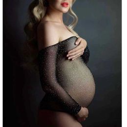 Maternity Dresses Sexy Shine Sexy Lace Dresses Maternity Photography Props Black Grid Gown Pregnant Women Clothes Pregnancy Photo Shoot T240509