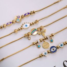 New Fashion Gold Bead Women Stainless Steel Snake Chain Charm Blue Evil Eyes Bracelet For Women