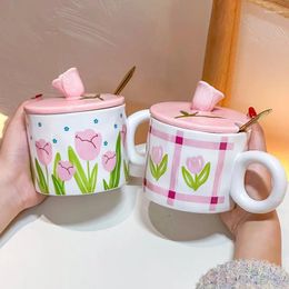 Mugs 3D Tulip Floral Ceramic Milk Mug Creative Hand Paint Flower Coffee Cup Heat-Resistance High-Capacity Water Cups