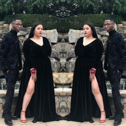 Plus Size African Black Velvet Long Prom Dresses Full Sleeve Formal Evening Gowns Side Split Party Gala Dress Cheap Robe de soiree SD33 282E