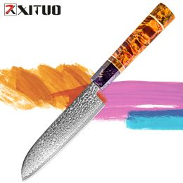 Santoku Knife 5 Inch Damascus Japanese Steel Kitchen Knife Octagonal wood handle Best Chef Santoku knives Sharp Utility Knife