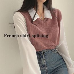 Women's Polos French Shirt Splicing Lapel Lantern Sleeve False Two Short Knitted Women Polo Woman Neck Shirts Sweaters T-shirts