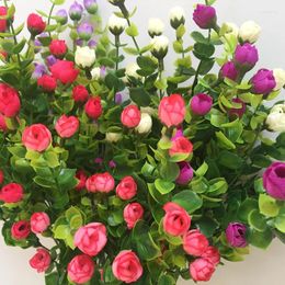 Decorative Flowers Mini Rose Artificial Flower 30 Heads Silk With Green Plants Grass Bridal Bouquet For Wedding Decoration Home Decor