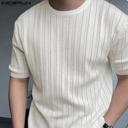 INCERUN Tops 2024 Korean Style Mens Fashion Texture Stripes Casual Streetwear Male Oneck Long Sleeved Camiseta S5XL 240508