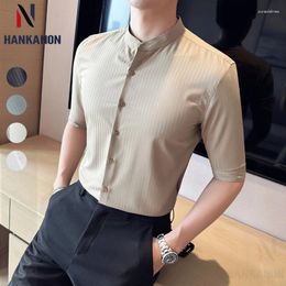 Men's Casual Shirts 2024 High-quality Business Short-sleeved Shirt Slim Fit Striped Stand-up Collar M-4XL