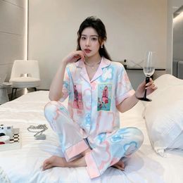 Home Clothing 2024 Summer Pyjamas Women's Ice Silk Short-sleeved Pants Suit High-End Outer Wearing Clothes