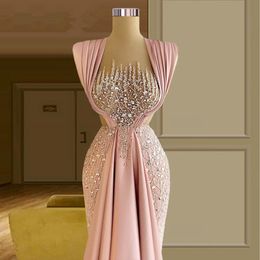 Stunning Pink Prom Dresses Sequined Sleeveless Evening Dress Custom Made uffles Floor Length Women Formal Party Gown 306E
