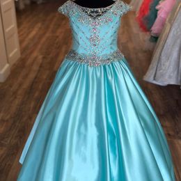 Aqua Satin Pageant Dress for Teens Juniors Toddler 2021 AB Stones Crystal Long Pageant Gown for Little Girl Cap Sleeve Formal Party ros 229C