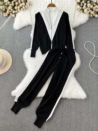 Work Dresses Autumn Knitted Tracksuit Trousers Suits Women Casual Knit Sweater Zipper Cardigan Pants Sets Two-piece Set 2024