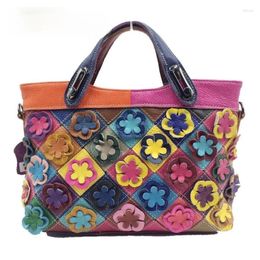 Shoulder Bags Form 2024 Colour Matching Cow Leather Women Bag Casual Tote Retro Flower Patchwork Handbag Large Capacity