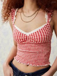 Women's Tanks Women Gingham Tank Top Y2k Lace Trim Cami Sleeveless Plaid Camisole Summer Coquette Shirts Cute Smocked Tops Streetwear