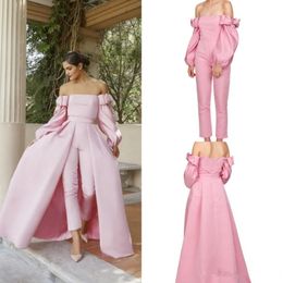 Pink Long Sleeve Prom Jumpsuit with Detachable Train Off Shoulder Puffy Long Sleeves Two Pieces Evening Dress with Pant Suit 2806