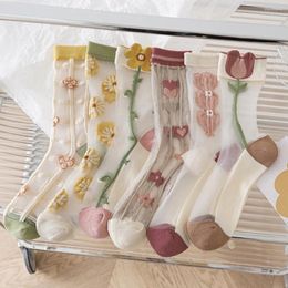 Women Socks See Through Transparent Nylon Long Summer Ultra-thin Breathable Crystal Silk Embroidery Floral Cute Lace