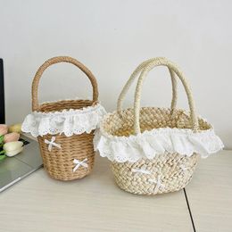 Lace Straw Childrens Beach Purse Handbags Sweet Bowknot Baby Girls Shoulder Bags Cute Woven Kids Summer Tote Travel Basket Bag 240428