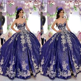 Sparkly Dark Navy Sequined Satin Quinceanera Dresses Prom Ball Gown Champagne Floral Applique Beading Strapless Lace-up Back Sweet 16 D 222M