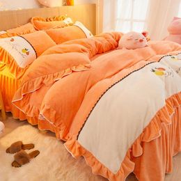 Bedding Sets Winter Thick Coral Fleece Cute Princess Style Home Set Four Piece Embroidery Soft Fabric N10