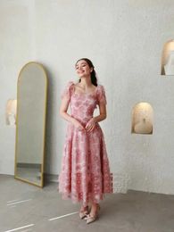 Runway Dresses Pink Flower A-line Evening Dress Elegant Square Neck Short Sleeve Flower Party Dress Ankle length Charming Ball Dress