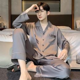 Luxury Brand Silk Sleepwear Men Big Size Pyjamas Sets Long Sleeve Button Cardigan Pants Loungewear Solid Korean 240428