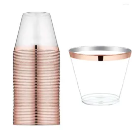 Cups Saucers 50pcs Disposable Plastic Rose Gold Rimmed 9oz Transparent For Wedding Birthday Parties