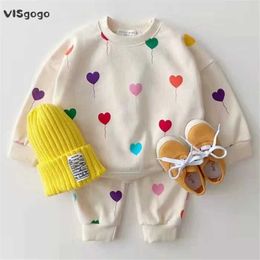 Clothing Sets Visgogo Baby Spring and Autumn Clothing Baby Girls Boys Love Printing Korean Sweatshirts Trousers Baby Two Piece SweatwearL2405