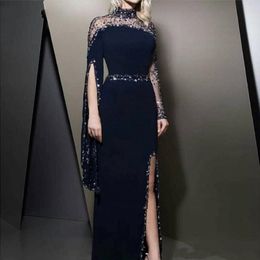 2020 New Formal High Neck Navy Blue Evening Dresses kaftan Dubai Beaded Long Sleeve Party Gowns Modest robe de soiree Split Prom Dress 249r