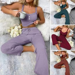 Home Clothing Women Pajama Set Elastic Waist Tie Trousers Elegant Floral Crop Top Pants For V Neck Drawstring Camisole With High