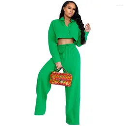 Women's Two Piece Pants Solid Casual 2 Sets Women Outfit Clubwear Long Sleeve Single Breasted Turn-down Collar Shirt Crop Top And Drawstring