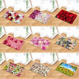 Bath Mats Flower Pattern Printed Anti-slip Mat Kitchen Entrance Door 40 60cm Flannel Carpet Rubber Indoor Floor Bathroom Rug