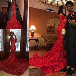 Full Sequin Red African Prom Dresses Off The Shoulder Mermaid With Long Sleeve Plus Size Evening Gowns For Pageant Reflective Dress 213Y