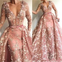 Arabic V Neck Prom Dresses with Detachable Train 2020 Lace Appliques Vintage Overskirt Evening Gowns Formal Party Dress 281q