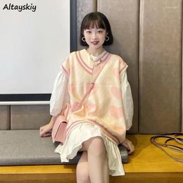 Work Dresses Women Sets 2 Piece Kawaii Patchwork Vests Long Puff Sleeve Folds Lovely Korean Students Chic Stylish Streetwear Sweet