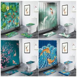 Shower Curtains Creative Floral Koi Curtain Ocean Wave Carp Stone Flowers Green Leaves Scenery Bathroom Non-slip Toilet Mat Bath Mats Set