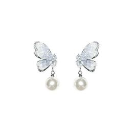 Personality Sweet Pearl Pendant Blue Crystal Zircon Butterfly Designer Stud Earrings for Women Fashion Trend Girls Jewellery Gift