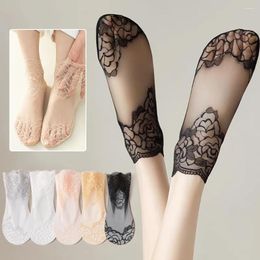 Women Socks Transparent Foot Fashion Breathable Hosiery Summer Thin Floral Lace Mesh Middle Tube Calze Solid Colour