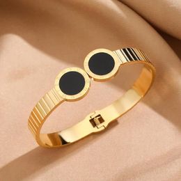 Bangle Vintage Roman Numerals Black Disc Open Cuff Bracelets Stainless Steel Gold Colour Bangles Charm Jewellery Women's Wrist Accessories