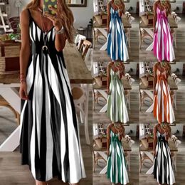 Casual Dresses Women Print Suspenders Long Dress Summer Sevy V Neck Clashing Backless Waiseless Robe Fashion Loose Elegant Vestidos 2024