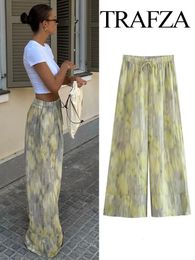 TRAFZA Woman Fashion Vintage Printed Trousers Summer Woman Tie-dye Patchwork High Waist Bow Tie Elastic Waist Wide Leg Pants 240506