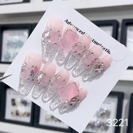 Party Favor 10 Pcs Pink Handmade Press On Nails Design With Diamond Rhinestone Ins Style Hand Made Shiny Luxury Transparent Full Cover Tips
