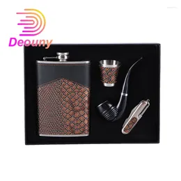 Hip Flasks DEOUNY Stainless Steel Flask Four Piece Set High End Pipe Wine Bottle Gift Box Retro Portable Foreign