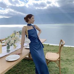 Casual Dresses Women Blue Pleating High Waist Strap Dress Women's Summer Long Vestido De Mujer